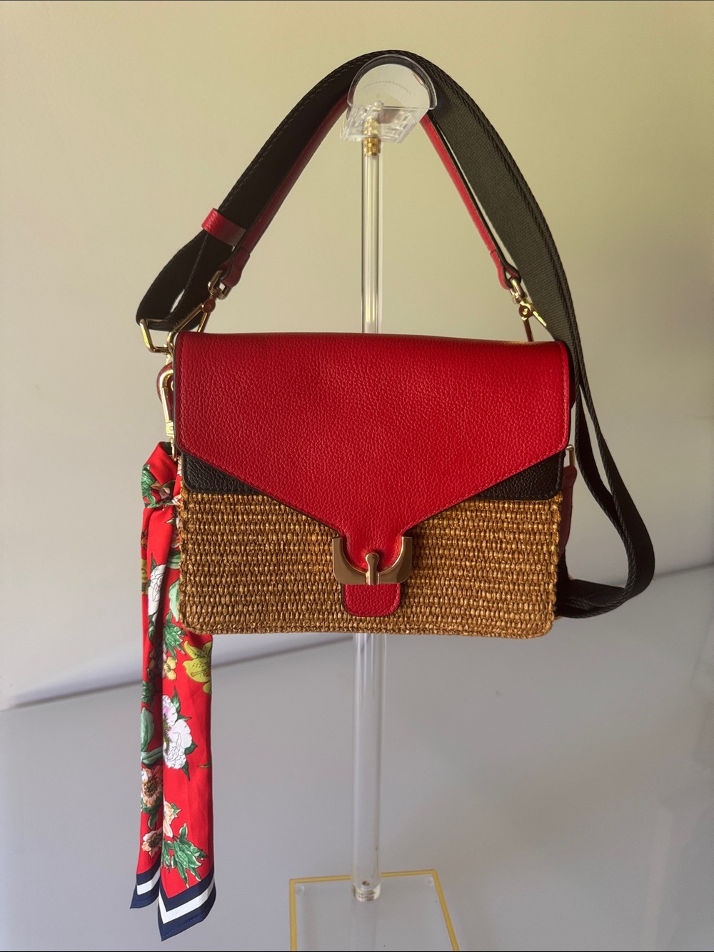 Coccinelle Ambrine Bag Red Leather Rattan with Shoulder Strap and Scarf - Picture 2 of 16